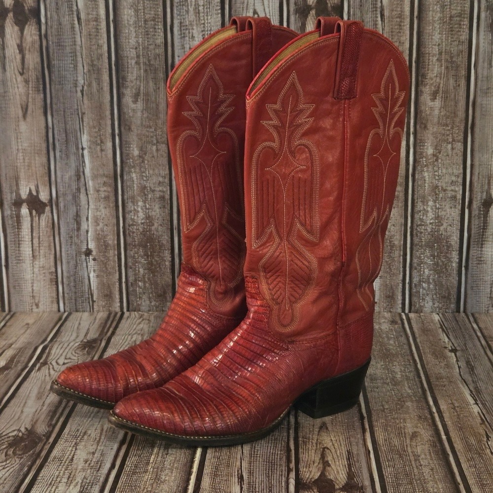 Sz 8 M Womens Dan Post Red Lizard Skin Pointed Toe Western Cowboy Boots VGUC!